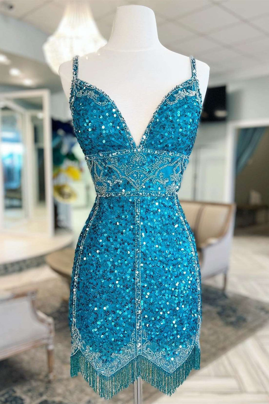 Teal Blue Sequin Fringe V-Neck Short Party Dress Modsele Teal Blue Sequin Fringe V-Neck Short Party Dress Modsele
