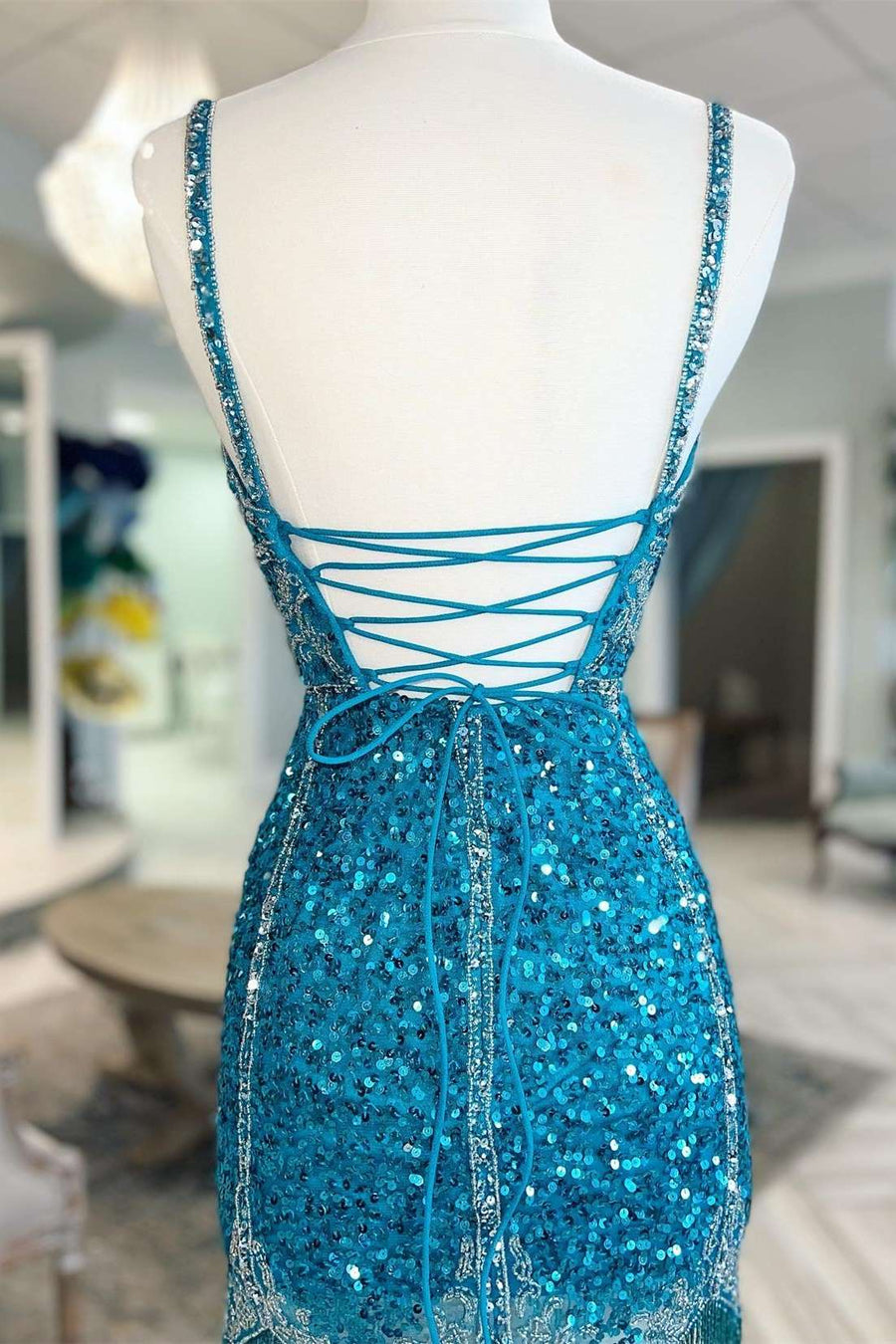 Teal Blue Sequin Fringe V-Neck Short Party Dress