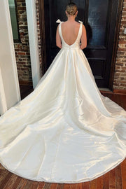 White Satin Plunge V Long Wedding Dress with Bows