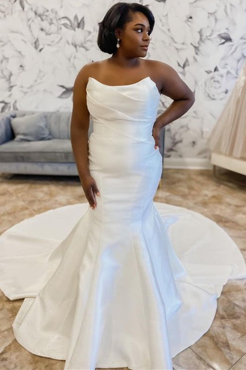 White Satin Strapless Trumpet Long Wedding Dress – Modsele White Satin Strapless Trumpet Long Wedding Dress – Modsele