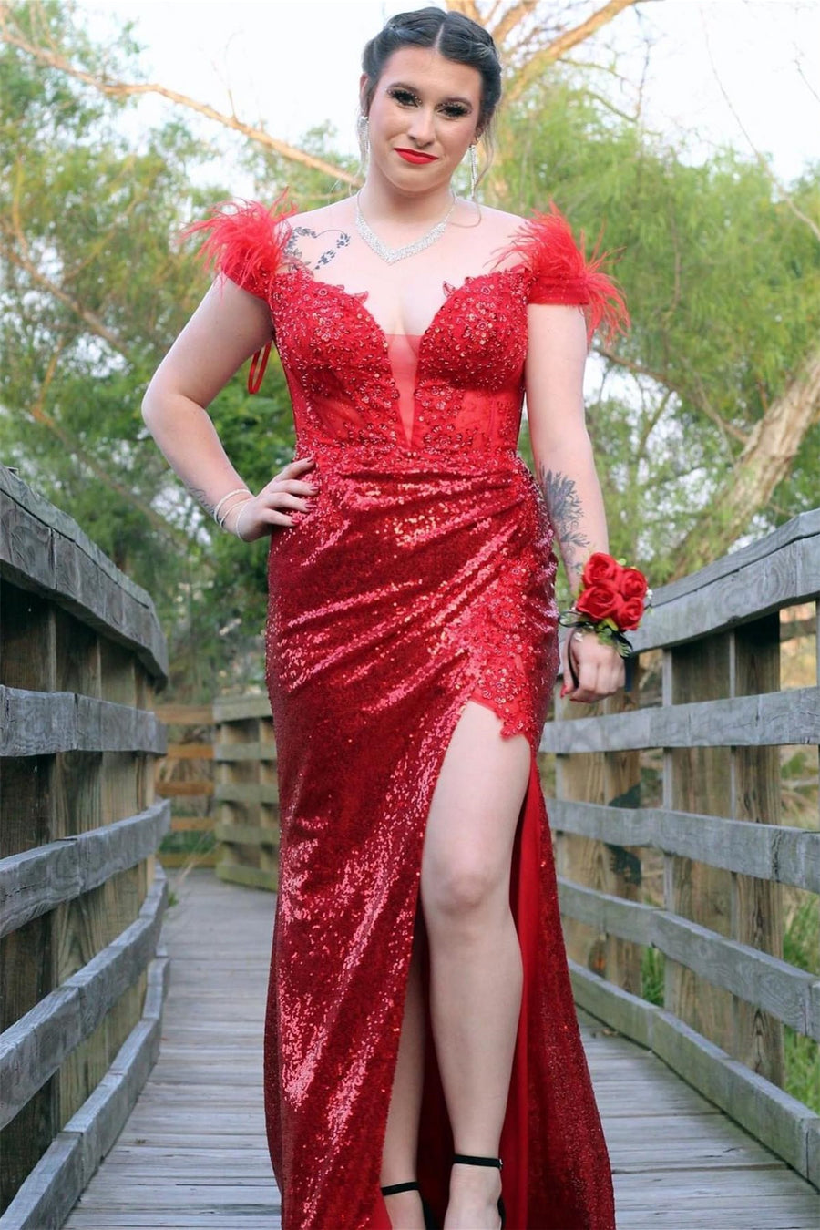 Red Deep V Feathers Sequins Long Prom Dress with Slit