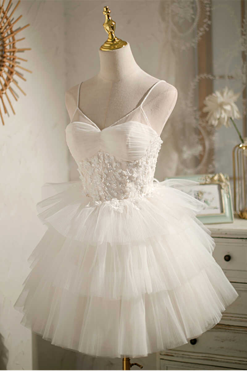 Multi-Tiered White V-Neck Short Party Dress