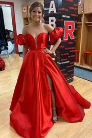 Red Satin Strapless A-Line Long Prom Dress with Puff Sleeves