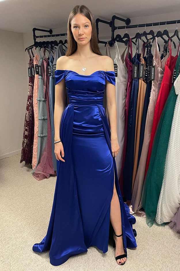 Royal Blue Off-the-Shoulder Prom Dress with Attached Train