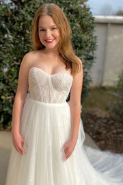 Ivory Strapless Long Wedding Dress with Detached Sleeves