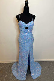 Periwinkle Sequin Keyhole Straps Mermaid Long Prom Dress with Slit