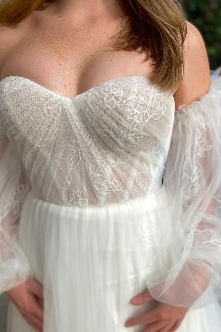 Ivory Strapless Long Wedding Dress with Detached Sleeves