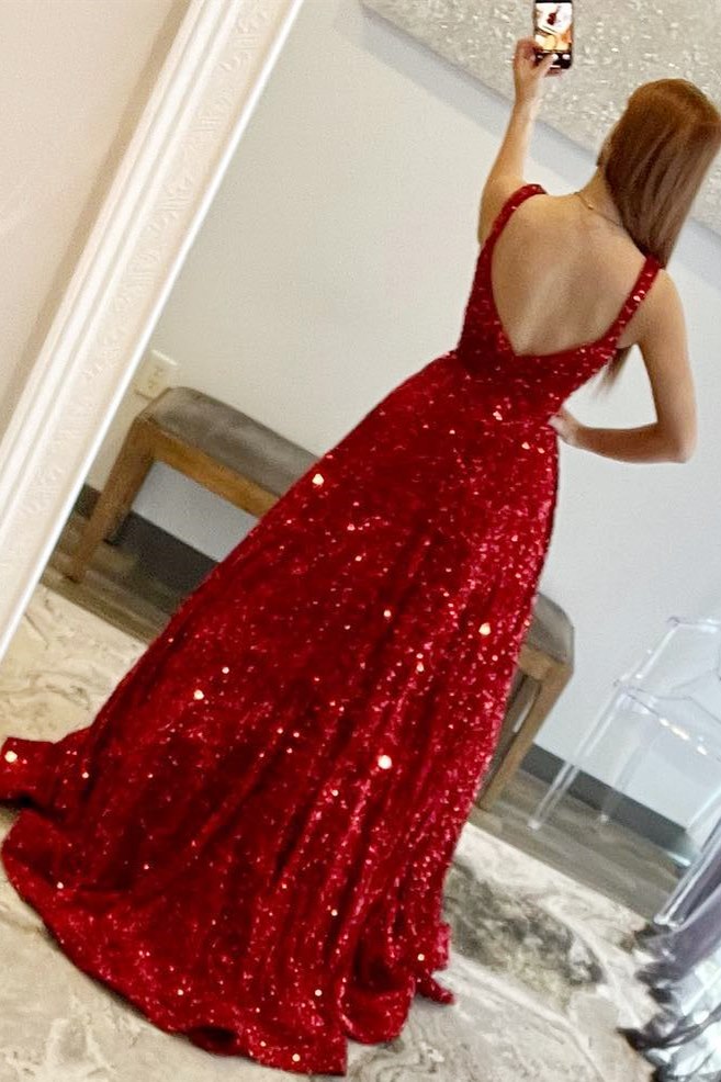 Red Sequin Square Neck Open Back Ball Gown