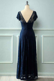 Royal Blue Lace Backless Cap Sleeve Bridesmaid Dress