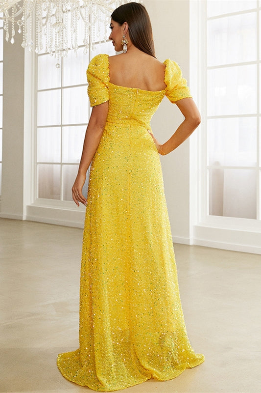 Yellow Sequin Sweetheart Puff Sleeve A-Line Prom Dress