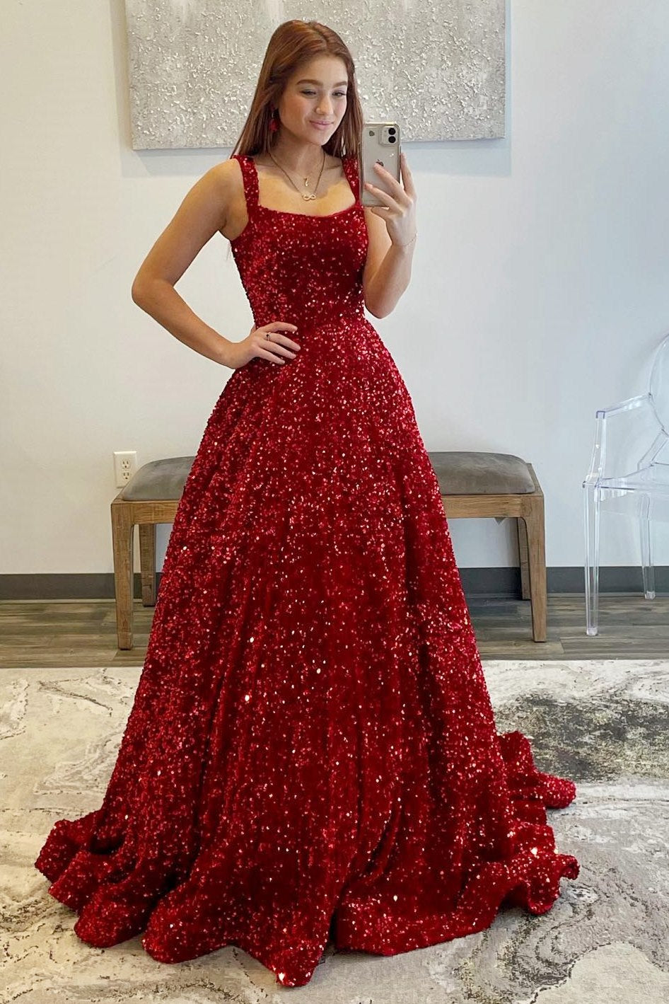 Red sequin store ball gown