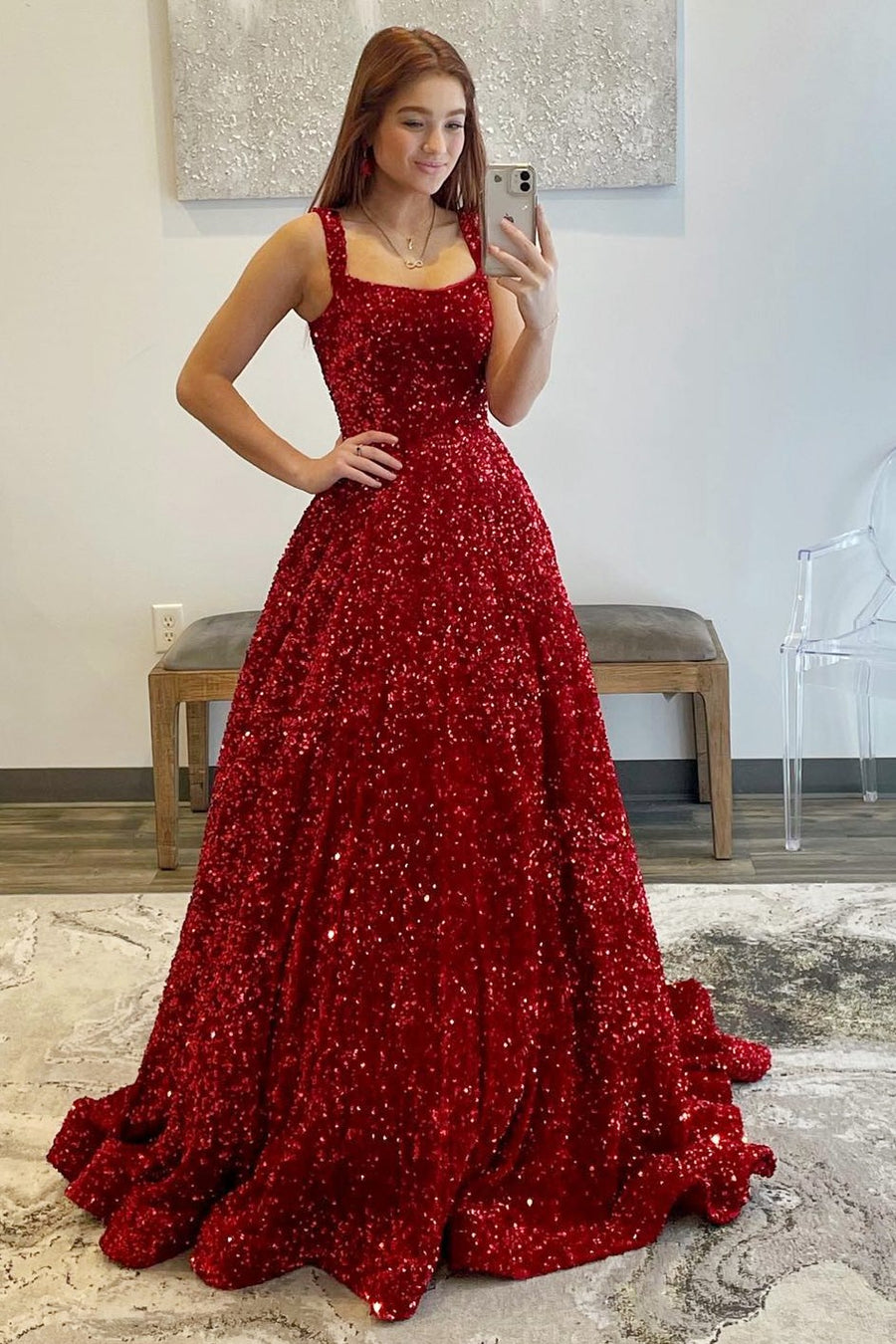 Red Sequin Square Neck Open Back Ball Gown