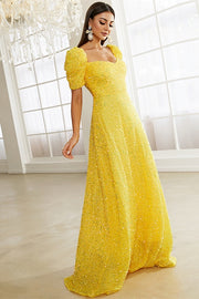 Yellow Sequin Sweetheart Puff Sleeve A-Line Prom Dress