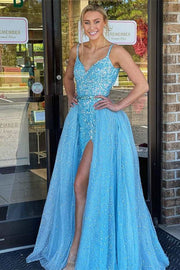 Ice Blue Sequin V-Neck Straps Long Prom Dress With Detachable Train