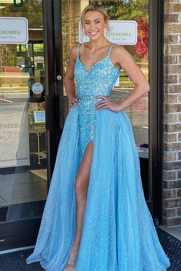 Ice Blue Sequin V-Neck Straps Long Prom Dress With Detachable Train