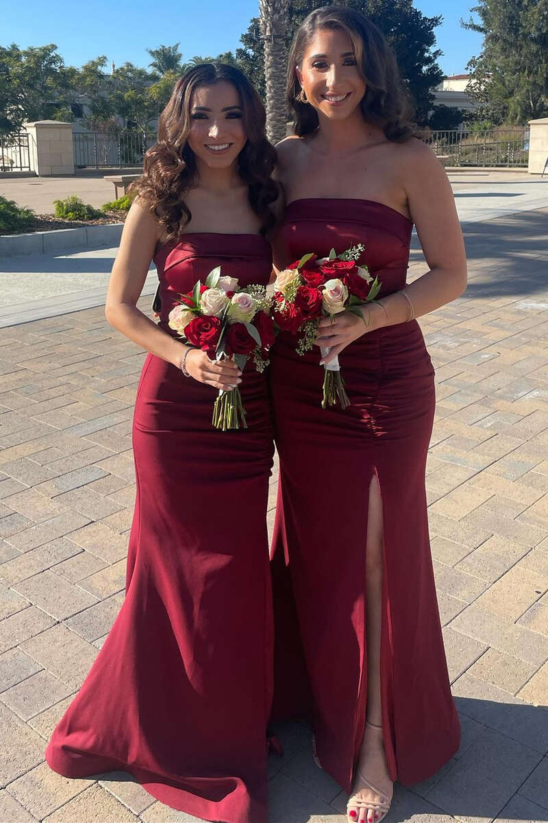 burgundy satin bridesmaid dress Strapless Long with Slit balancing the minimalist design