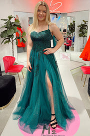 Dark Green Appliques Backless Long Prom Dress with Slit
