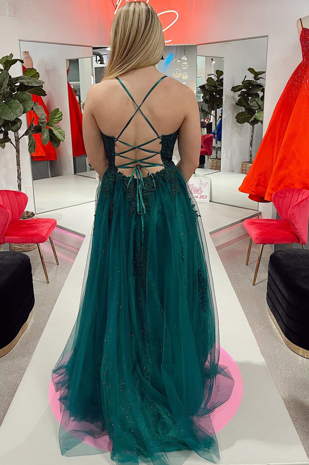 Dark Green Appliques Backless Long Prom Dress with Slit