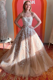 A-Line Nude Pink Straps Appliques Long Prom Gown