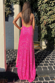 Hot Pink Sequined V-Neck Backless Long Prom Dress