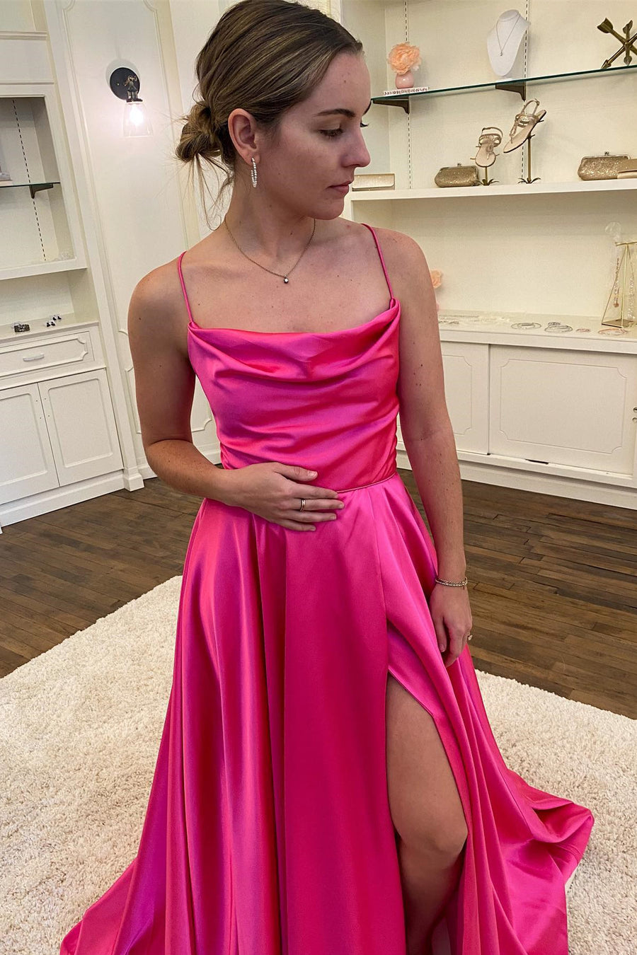 Neon Pink Satin Cowl Neck A-Line Long Prom Dress