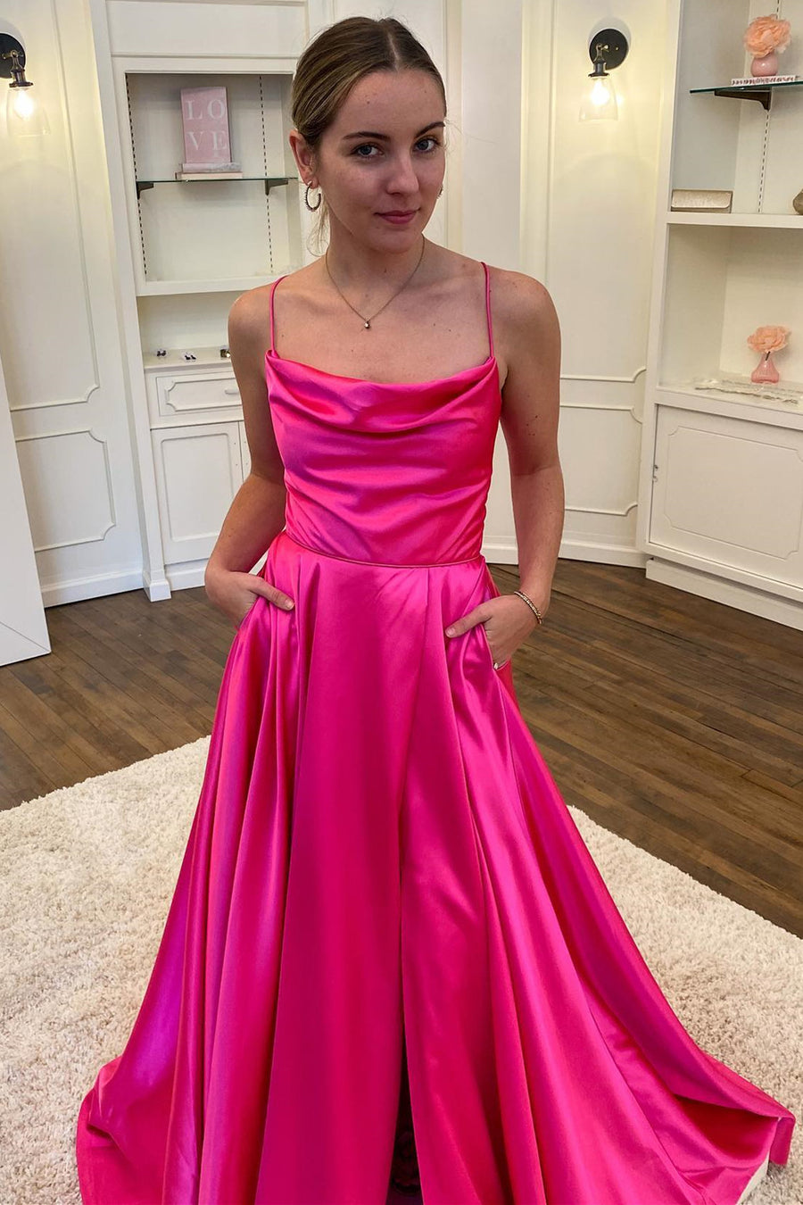 Neon Pink Satin Cowl Neck A-Line Long Prom Dress