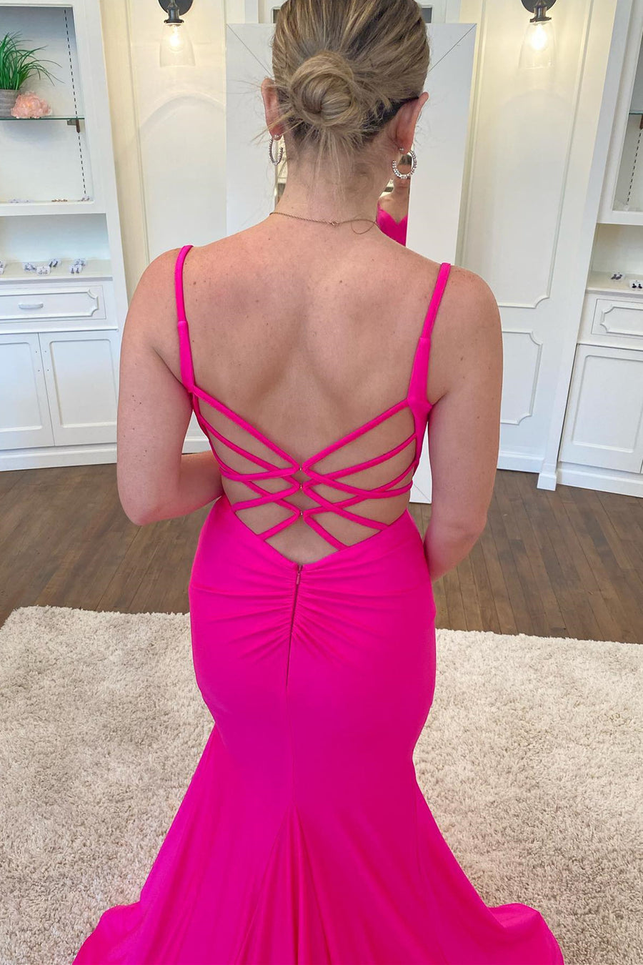 Neon Pink V-Neck Backless Trumpet Long Formal Dress