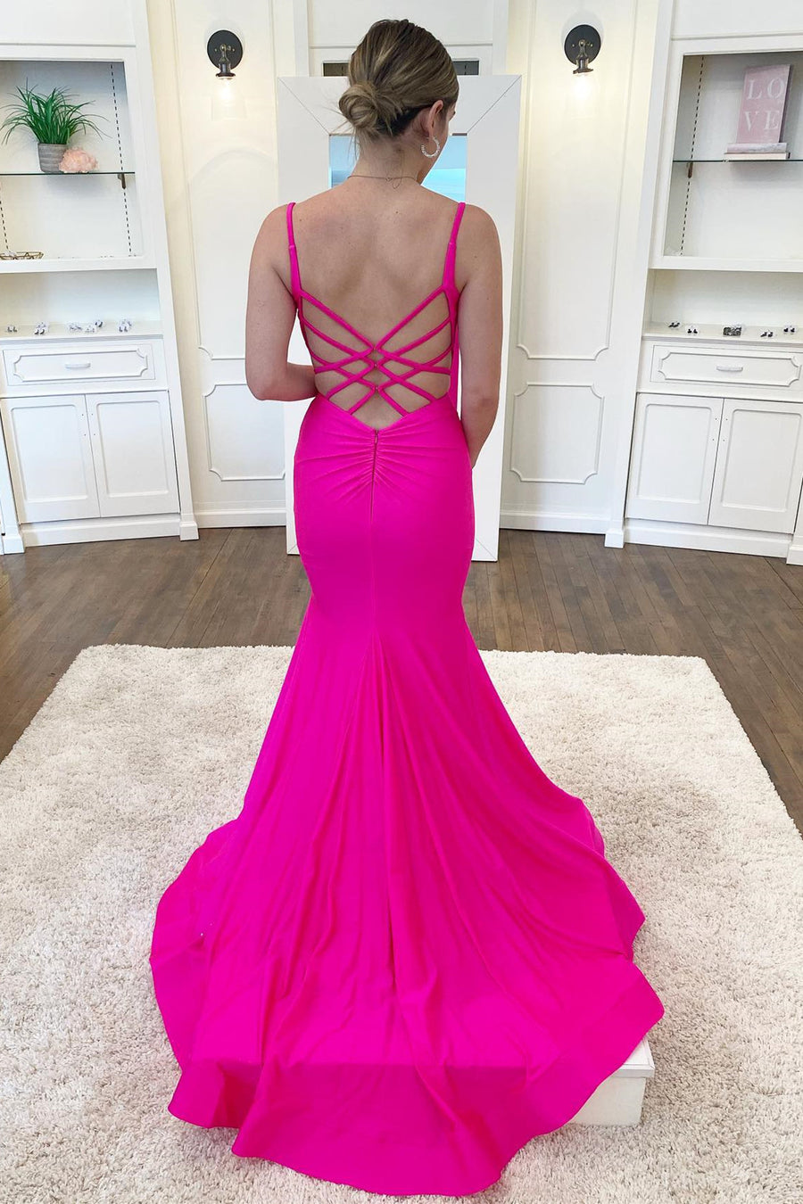 Neon Pink V-Neck Backless Trumpet Long Formal Dress