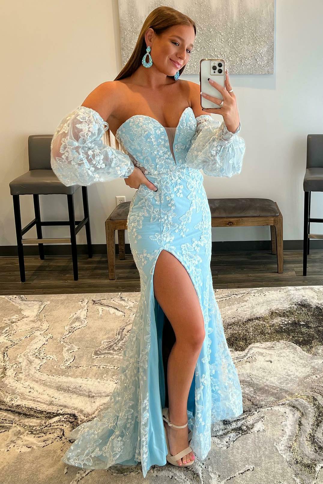 Light Blue Lace Strapless Puff Sleeve Long Prom Dress Modsele Light Blue Lace Strapless Puff Sleeve Long Prom Dress Modsele