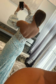 Light Blue Lace Strapless Puff Sleeve Long Prom Dress