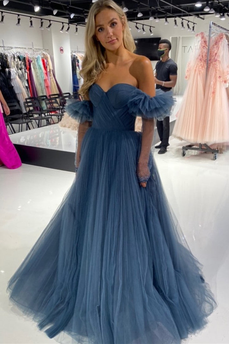 Princess Navy Blue Tulle Sweetheart Long Prom Dress with Detachable Sleeves