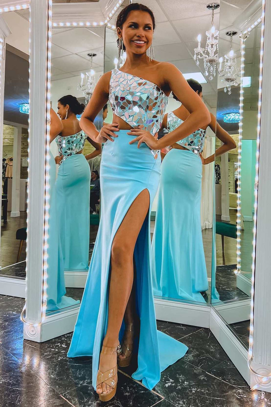 One-Shoulder Red Cut Glass Mirror Cutout Long Formal Dress Modsele One-Shoulder Red Cut Glass Mirror Cutout Long Formal Dress Modsele