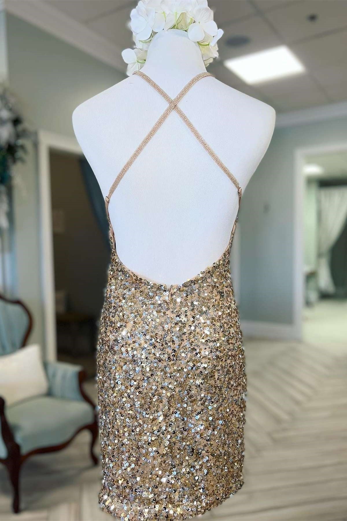 Gold Sequin V-Neck Cross-Back Short Homecoming Dress Modsele Gold Sequin V-Neck Cross-Back Short Homecoming Dress Modsele