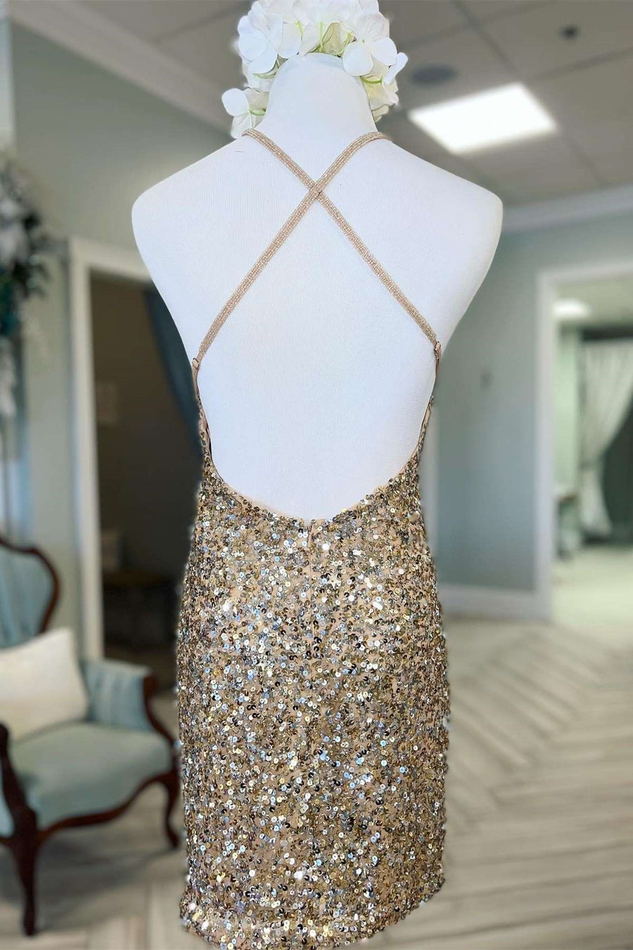 Gold Sequin V-Neck Cross-Back Short Homecoming Dress