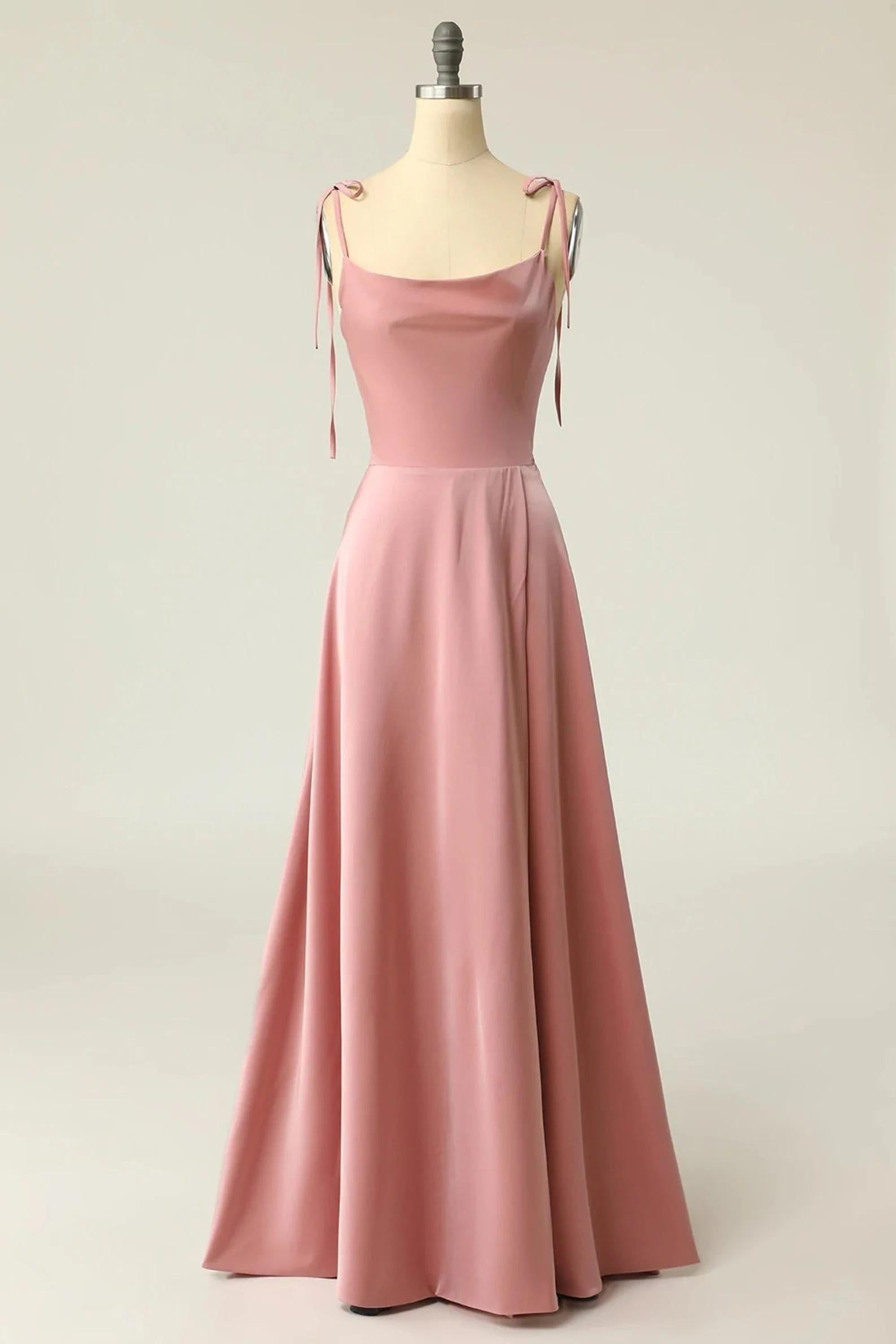 Peach Satin Square Neck Tying Straps Long Bridesmaid Dress  Modsele