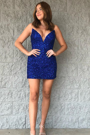 Blue Sequins Strapless Short Homecoming Dress