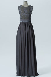Charcoal Grey Wide Straps Embroidered Bridesmaid Dress