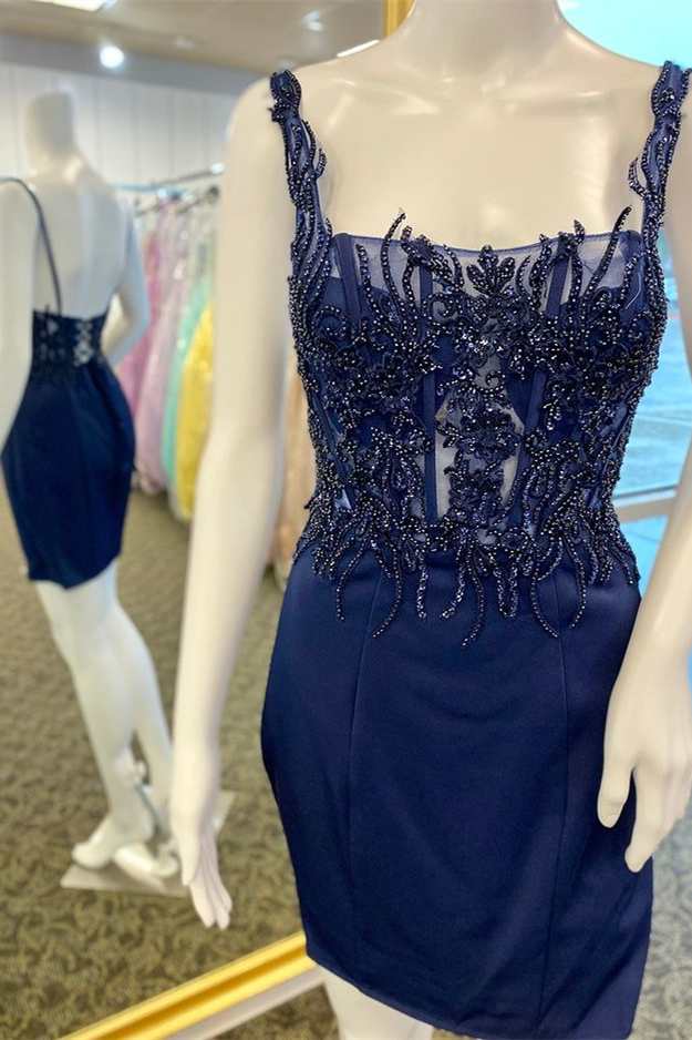 Navy Floral Appliques Square Neck Lace-Up Fitted Party Gown