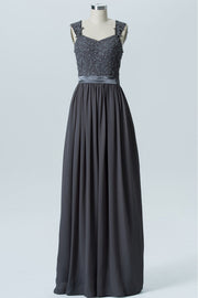 Charcoal Grey Wide Straps Embroidered Bridesmaid Dress