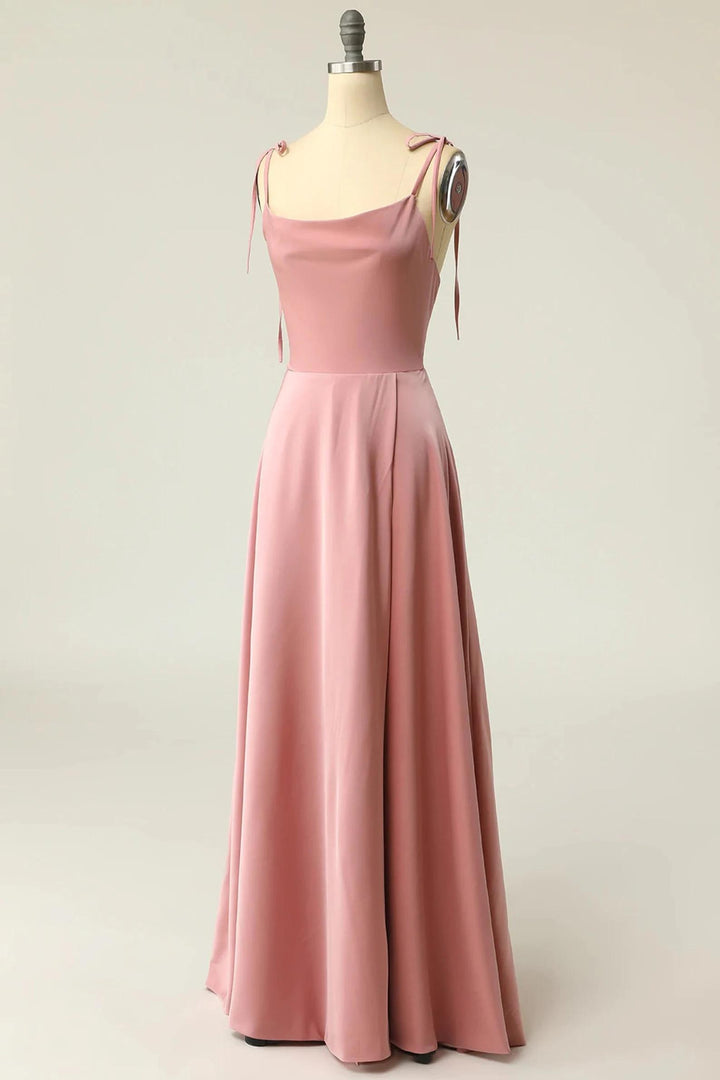 Peach Satin Square Neck Tying Straps Long Bridesmaid Dress