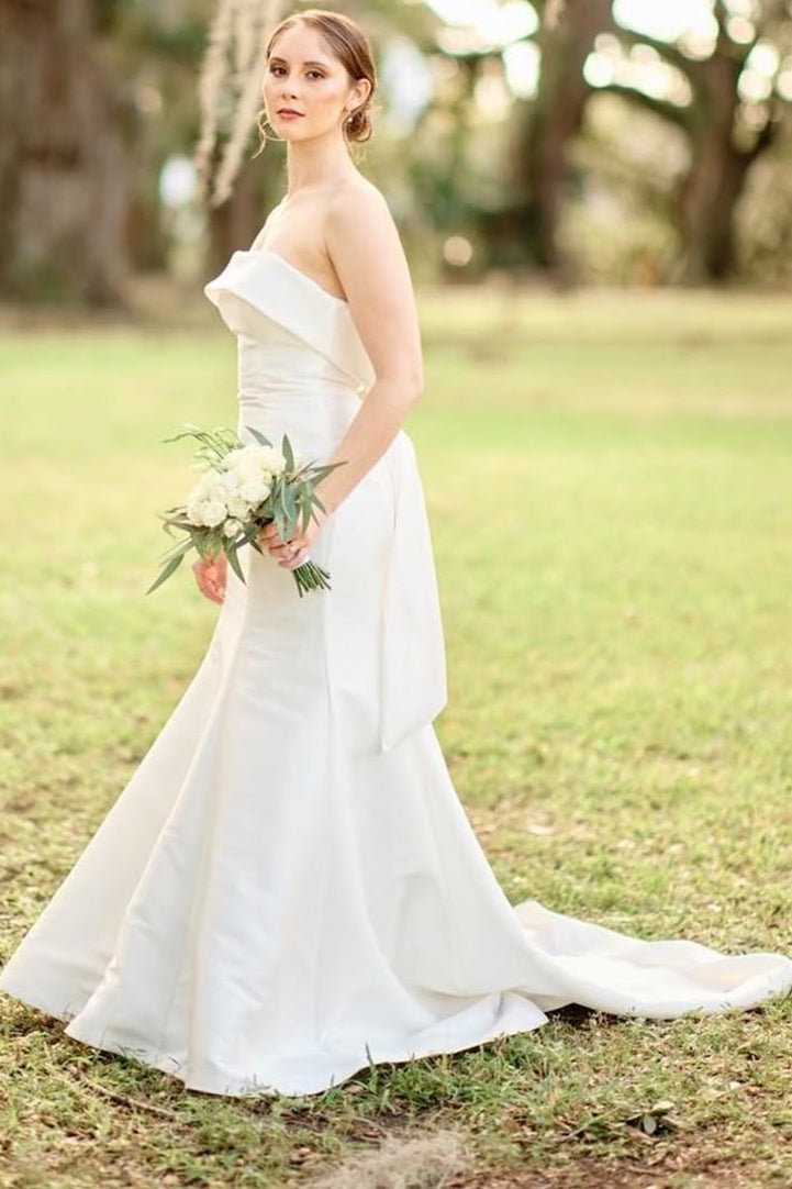 satin strapless trumpet wedding dress Mermaid Strapless Court Train Lace Stretch Satin Wedding Dress COCOMELODY CW3266, 35 Days / As Picture:Ivory/Sand / US2-UK4-EUR32