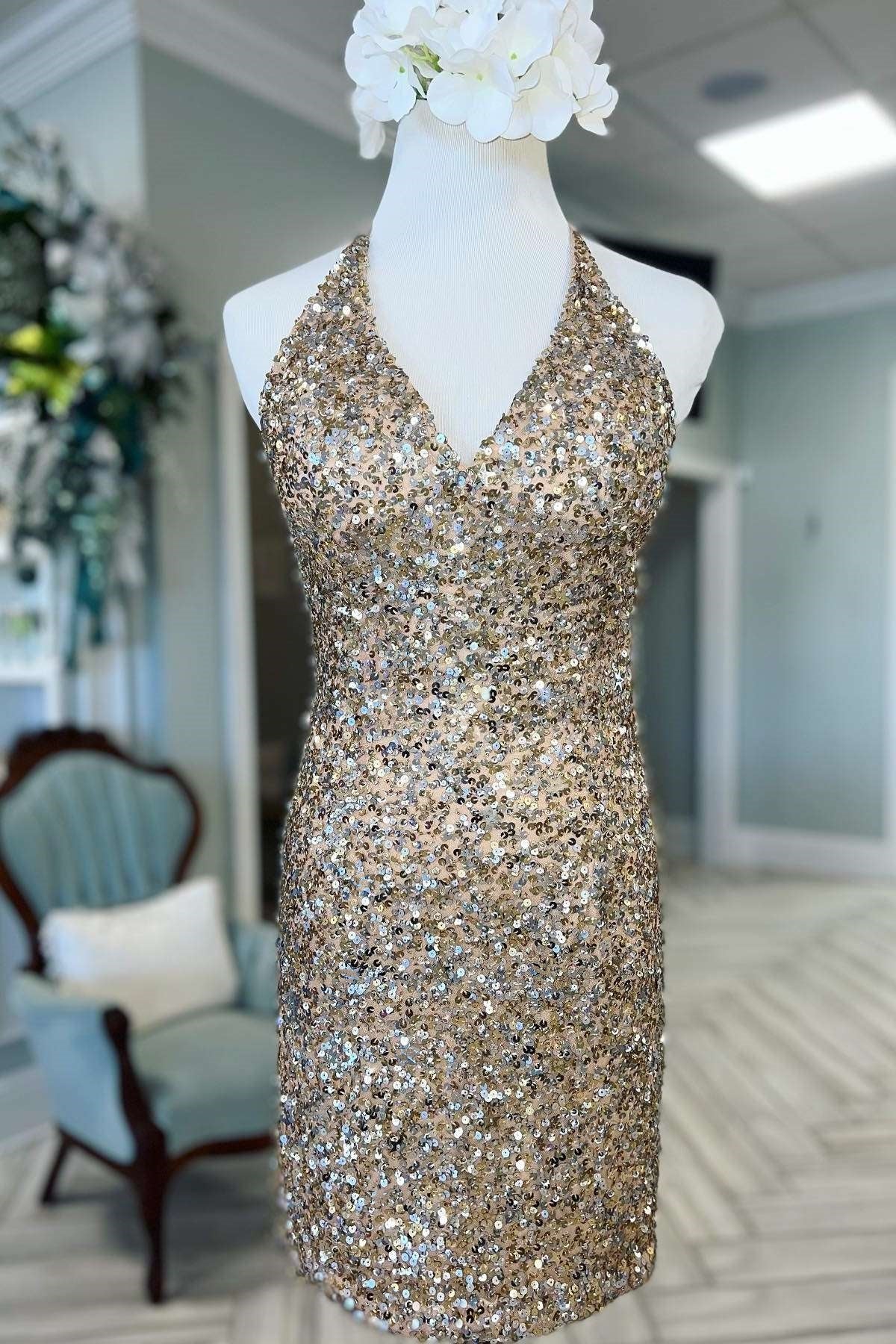 Gold Sequin V-Neck Cross-Back Short Homecoming Dress Modsele Gold Sequin V-Neck Cross-Back Short Homecoming Dress Modsele