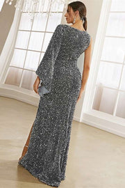 Gray Sequin One-Sleeve Sheath Long Prom Dress with Slit