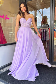 Lilac Chiffon Applique Sweetheart A-Line Prom Dress with Puff Sleeves
