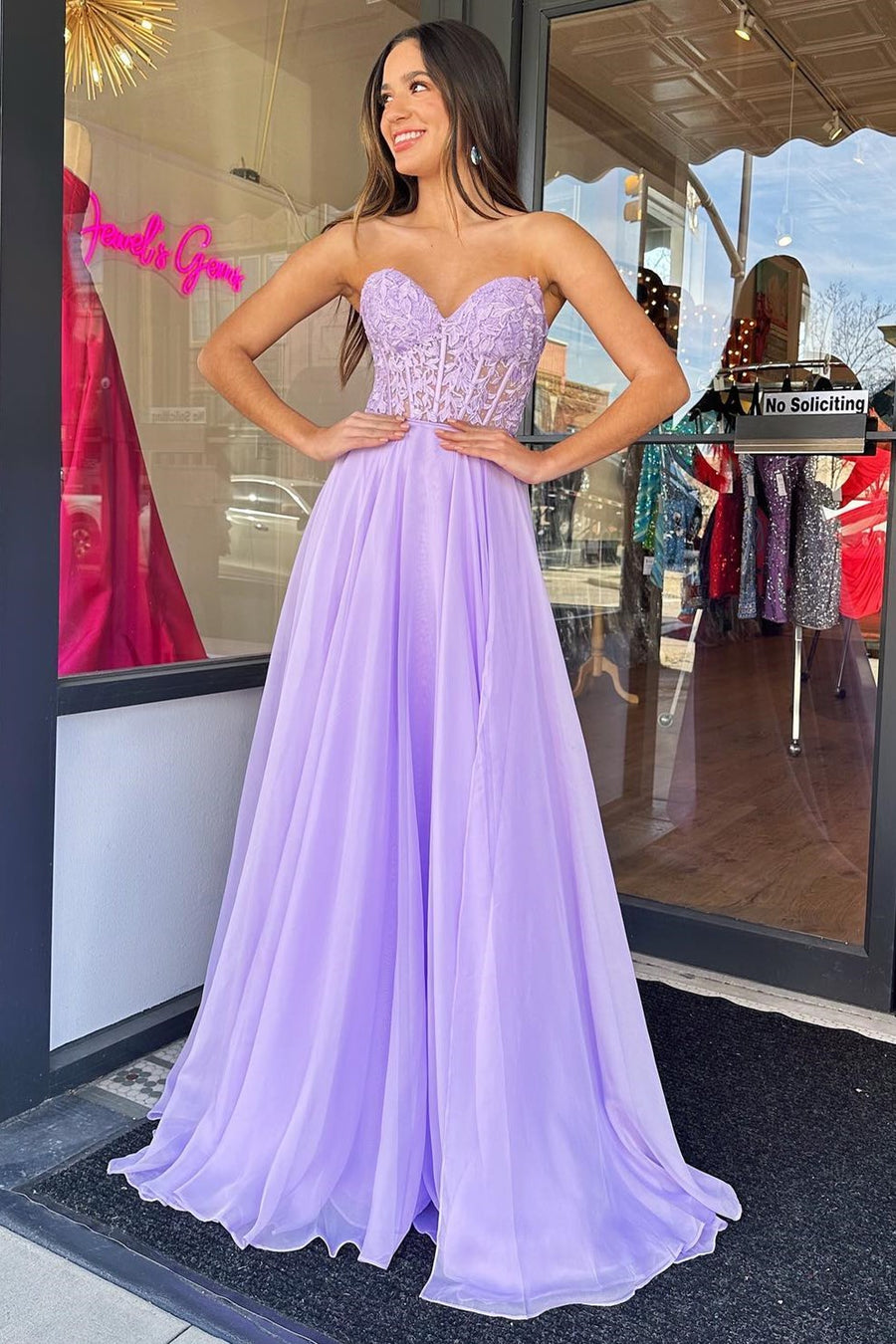 Lilac Chiffon Applique Sweetheart A-Line Prom Dress with Puff Sleeves