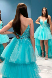 Aqua Floral Lace Tiered High-Low Prom Dress