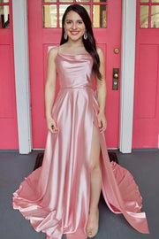 A Line Pink Cowl Neck Prom Dress with Slit