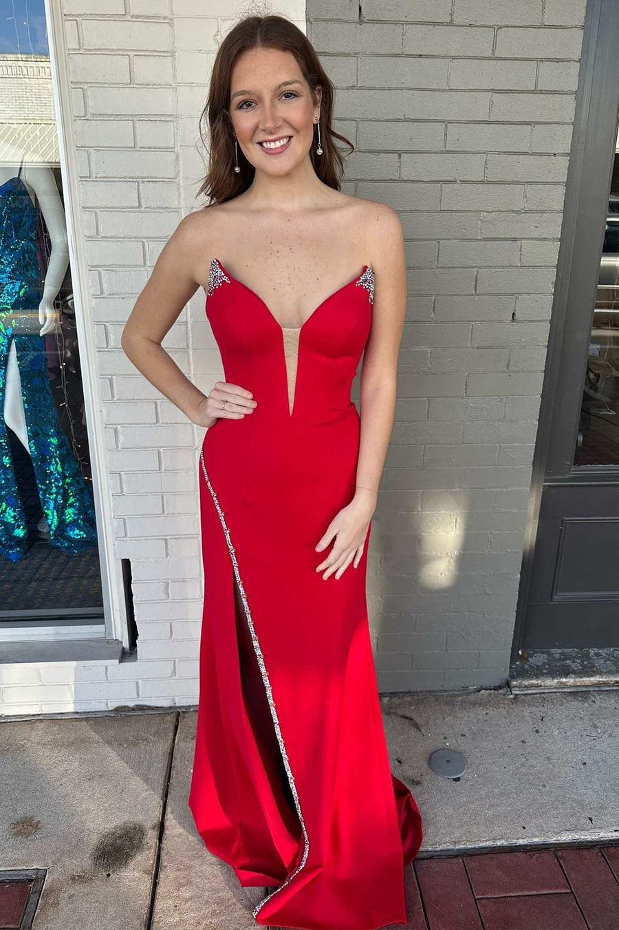 Red Bead-Trimmed Strapless Long Formal Dress with Slit