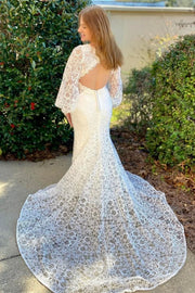 White Lace Long Sleeve Backless Mermaid Wedding Dress