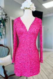 Hot Pink Sequin V-Neck Long Sleeve Short Homecoming Dress